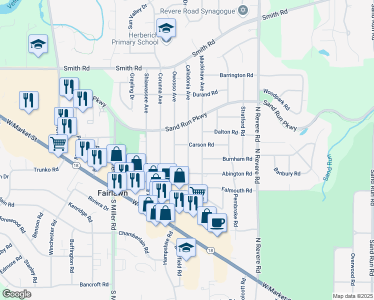 map of restaurants, bars, coffee shops, grocery stores, and more near 189 Caladonia Avenue in Fairlawn