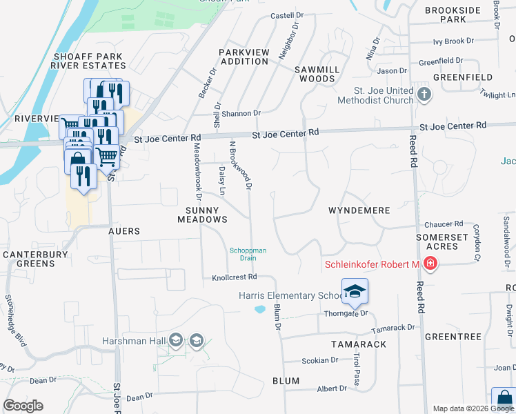 map of restaurants, bars, coffee shops, grocery stores, and more near 3834-3898 Northcreek Drive in Fort Wayne