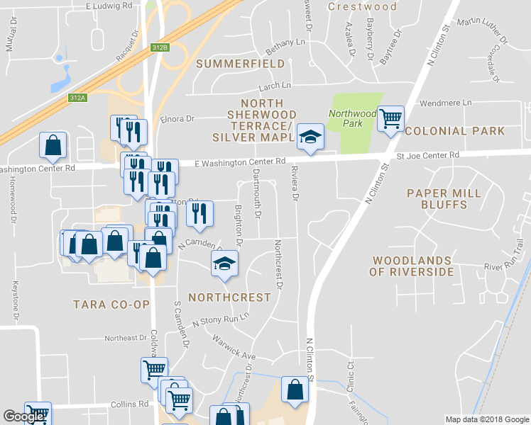 map of restaurants, bars, coffee shops, grocery stores, and more near in Fort Wayne