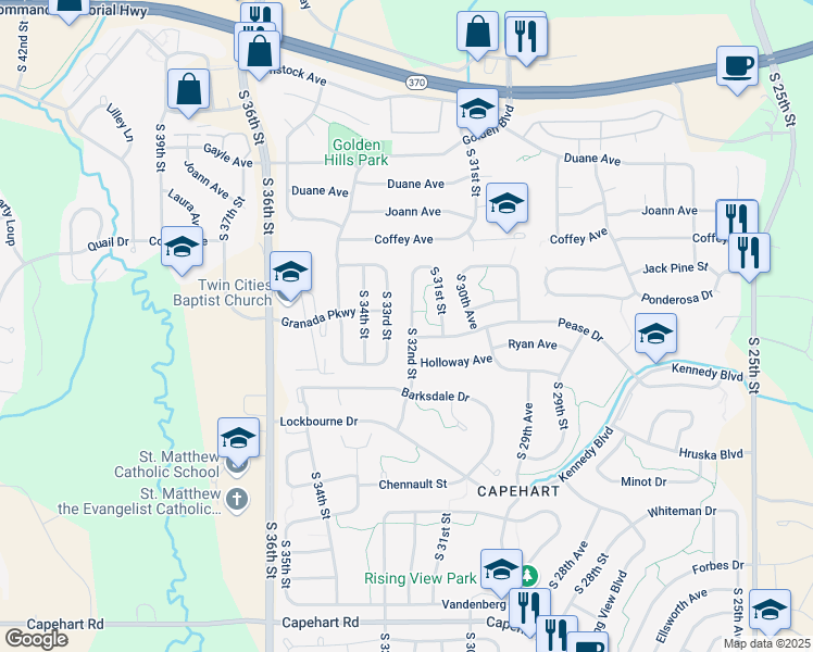 map of restaurants, bars, coffee shops, grocery stores, and more near 11904 South 32nd Street in Bellevue