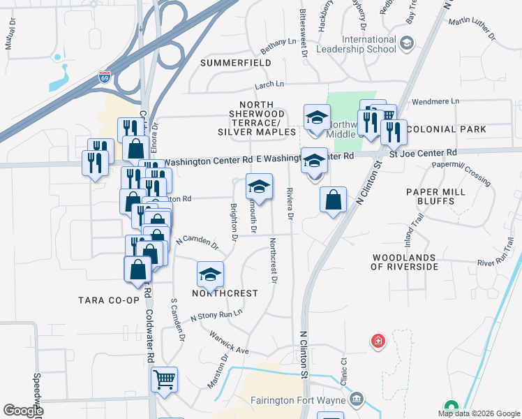 map of restaurants, bars, coffee shops, grocery stores, and more near in Fort Wayne