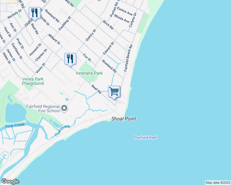 map of restaurants, bars, coffee shops, grocery stores, and more near 668 Fairfield Beach Road in Fairfield