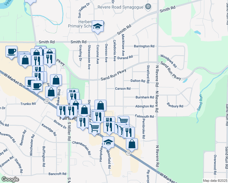 map of restaurants, bars, coffee shops, grocery stores, and more near 189 Caladonia Avenue in Fairlawn