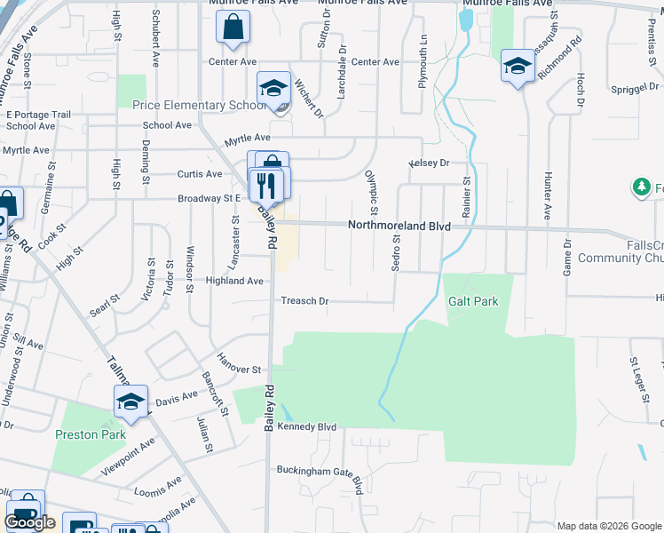 map of restaurants, bars, coffee shops, grocery stores, and more near 1435 Oneida Avenue in Cuyahoga Falls