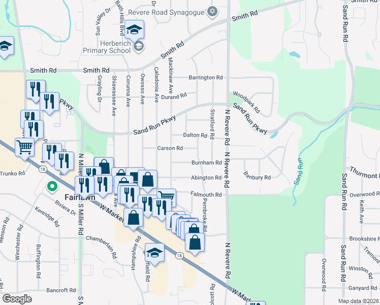 map of restaurants, bars, coffee shops, grocery stores, and more near 250 Pembroke Road in Fairlawn