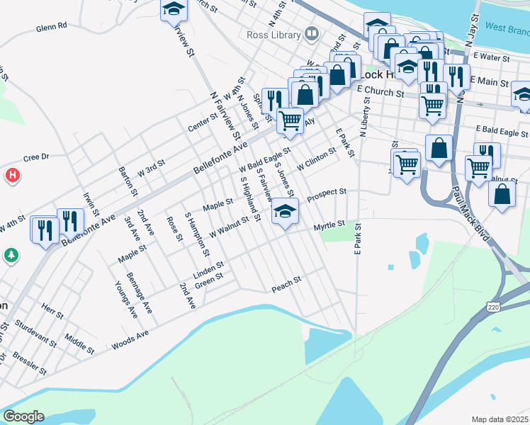 map of restaurants, bars, coffee shops, grocery stores, and more near Finch Alley in Lock Haven