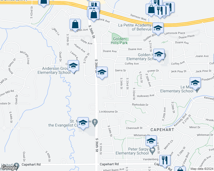 map of restaurants, bars, coffee shops, grocery stores, and more near 11908 Amerado Boulevard in Bellevue