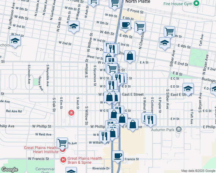 map of restaurants, bars, coffee shops, grocery stores, and more near 414 Blue Star Memorial Highway in North Platte