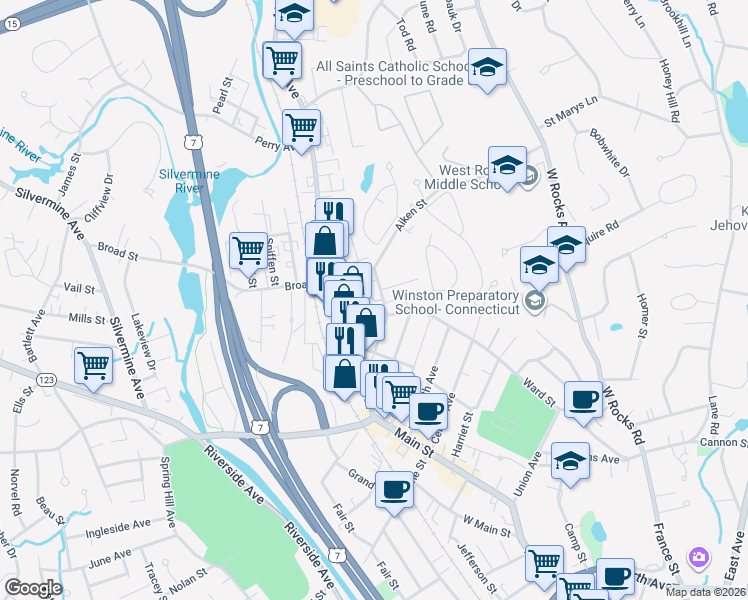 map of restaurants, bars, coffee shops, grocery stores, and more near 6 Ward Street in Norwalk