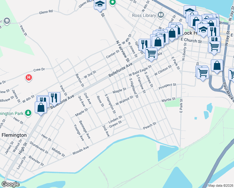 map of restaurants, bars, coffee shops, grocery stores, and more near 419 West Walnut Street in Lock Haven