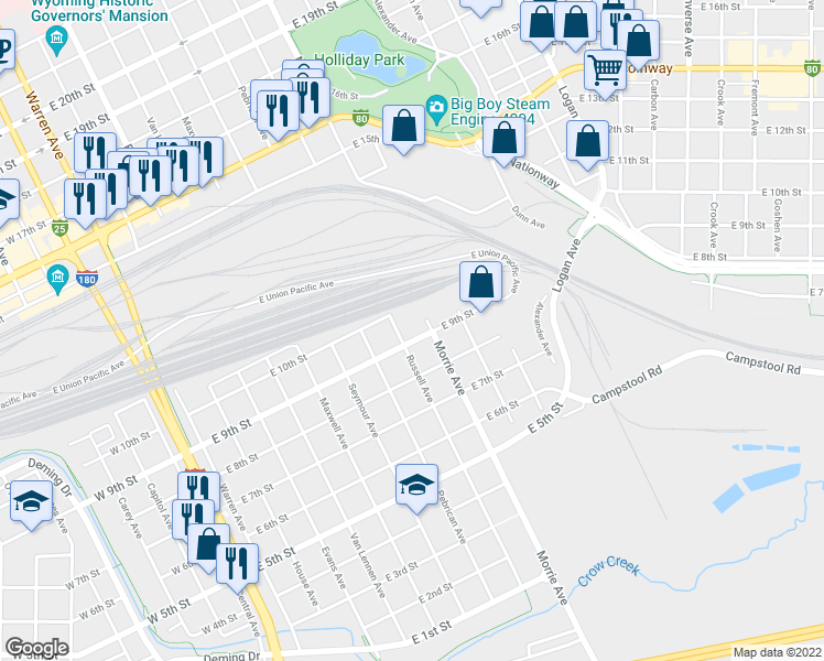 map of restaurants, bars, coffee shops, grocery stores, and more near 903 East 9th Street in Cheyenne
