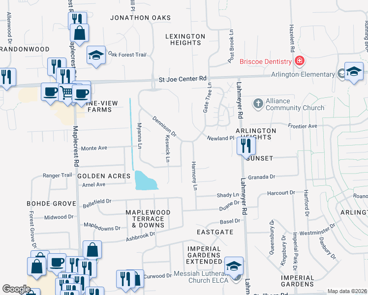 map of restaurants, bars, coffee shops, grocery stores, and more near 5300 Willman Lane in Fort Wayne