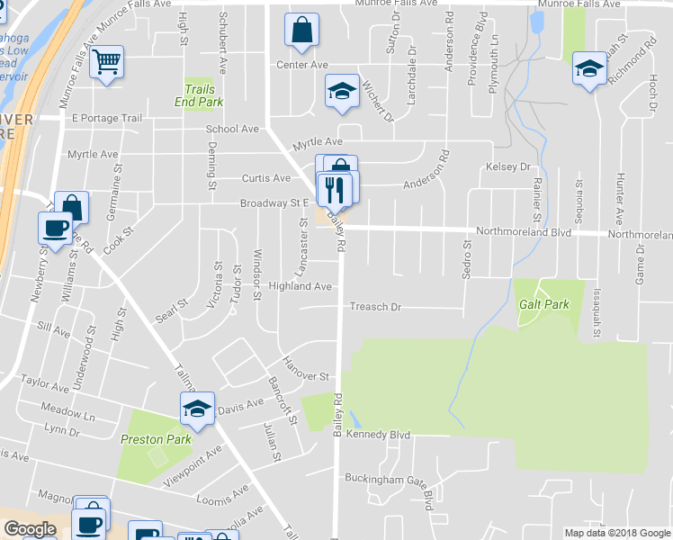 map of restaurants, bars, coffee shops, grocery stores, and more near 1834 Bailey Road in Cuyahoga Falls