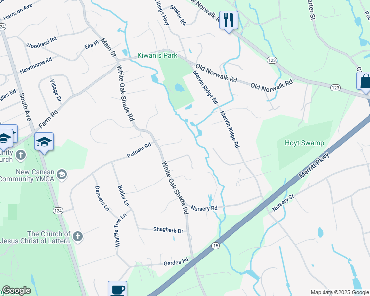 map of restaurants, bars, coffee shops, grocery stores, and more near 224 White Oak Shade Road in New Canaan