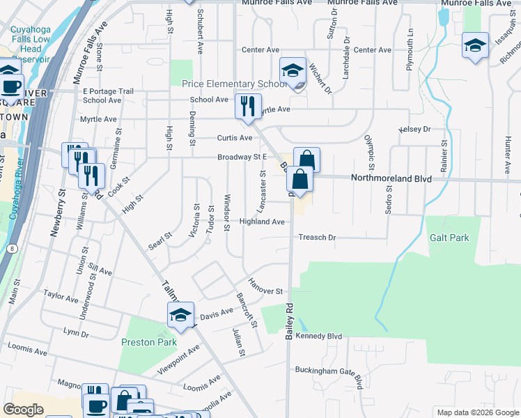 map of restaurants, bars, coffee shops, grocery stores, and more near 1020 Highland Avenue in Cuyahoga Falls