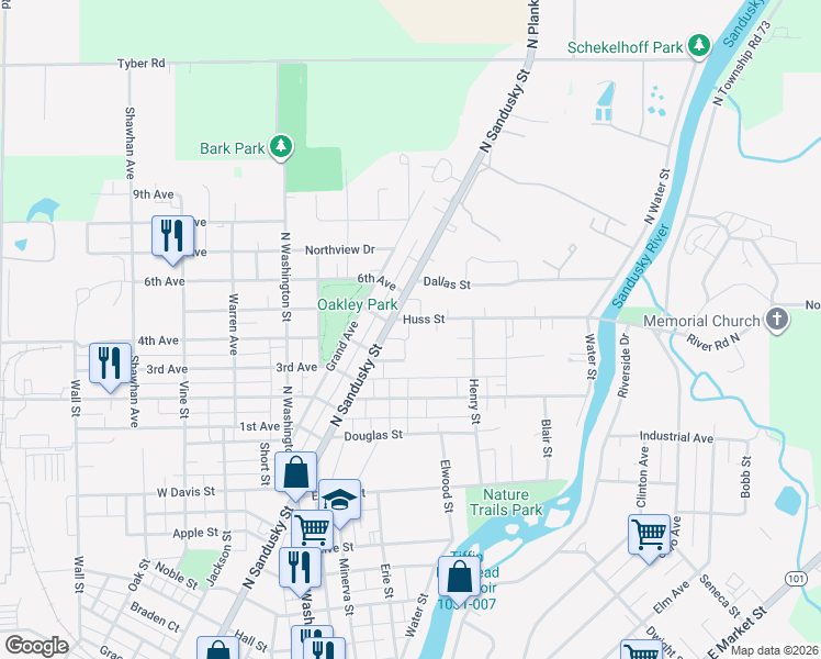 map of restaurants, bars, coffee shops, grocery stores, and more near 214 Huss Street in Tiffin