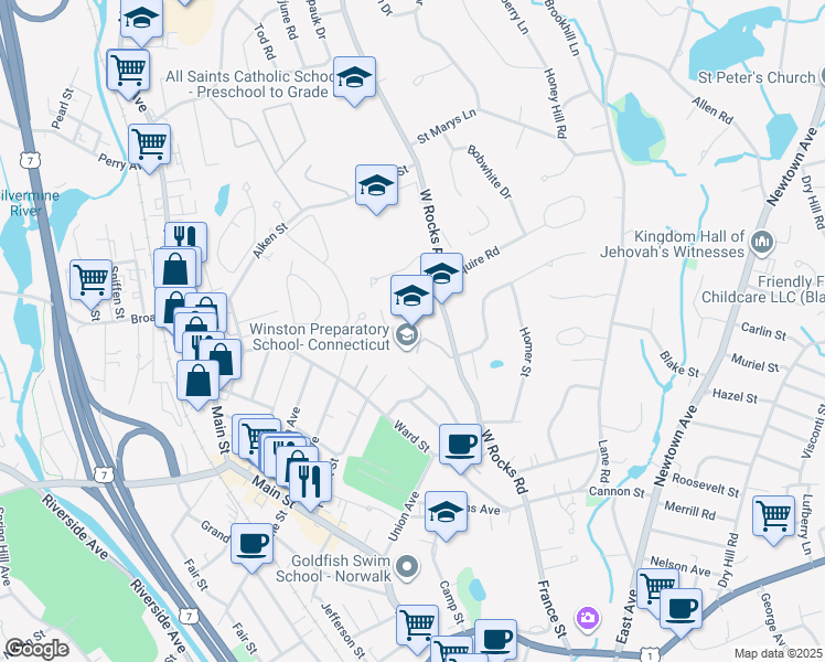 map of restaurants, bars, coffee shops, grocery stores, and more near 57 West Rocks Road in Norwalk