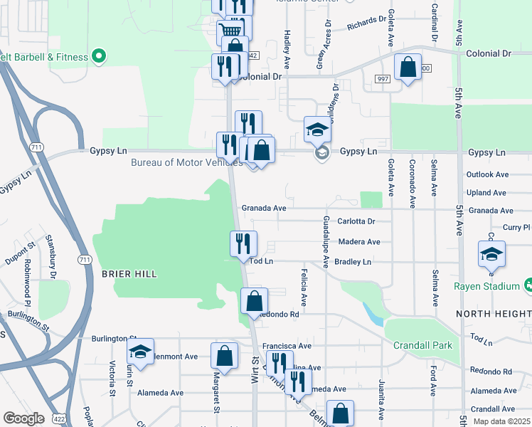map of restaurants, bars, coffee shops, grocery stores, and more near 2401 Belmont Avenue in Youngstown