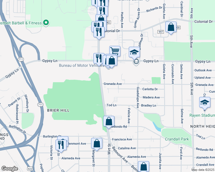 map of restaurants, bars, coffee shops, grocery stores, and more near 2401 Belmont Avenue in Youngstown