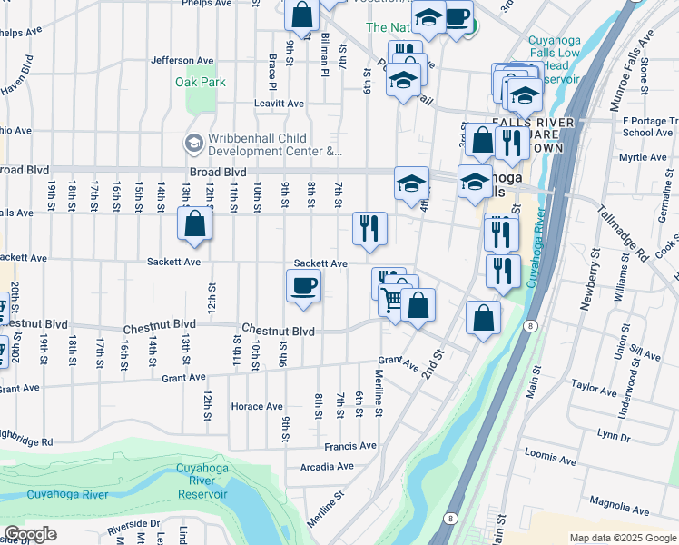 map of restaurants, bars, coffee shops, grocery stores, and more near 1819 7th Street in Cuyahoga Falls