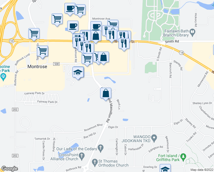 map of restaurants, bars, coffee shops, grocery stores, and more near 185-299 South Cleveland Massillon Road in Fairlawn