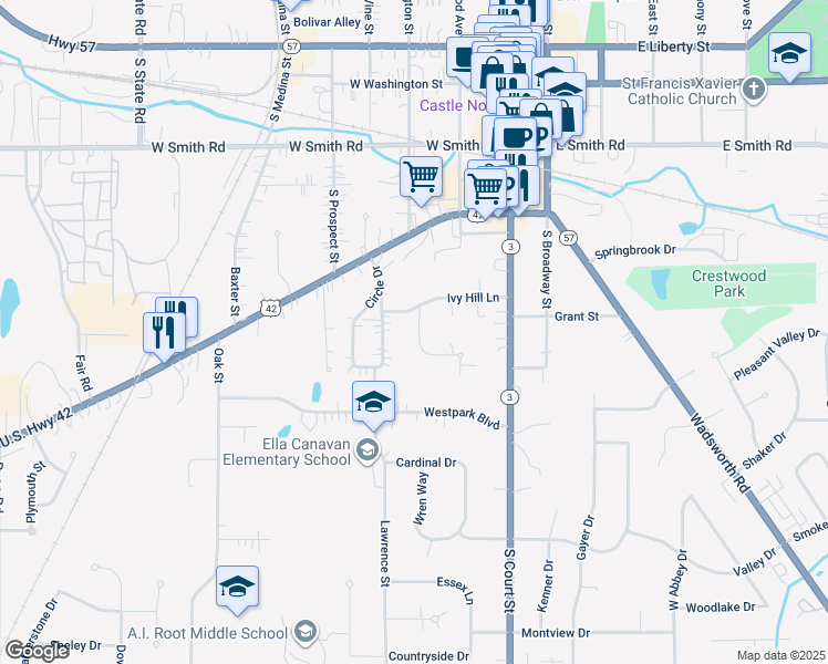 map of restaurants, bars, coffee shops, grocery stores, and more near 24 Circle Drive in Medina