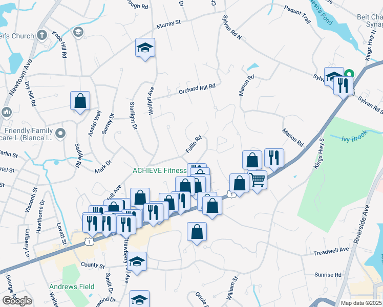 map of restaurants, bars, coffee shops, grocery stores, and more near 24 Fullin Road in Norwalk