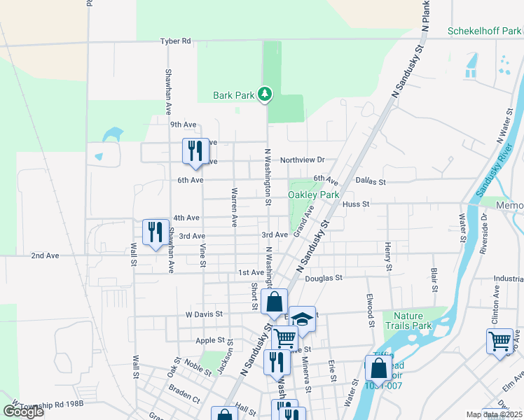 map of restaurants, bars, coffee shops, grocery stores, and more near 134 5th Avenue in Tiffin