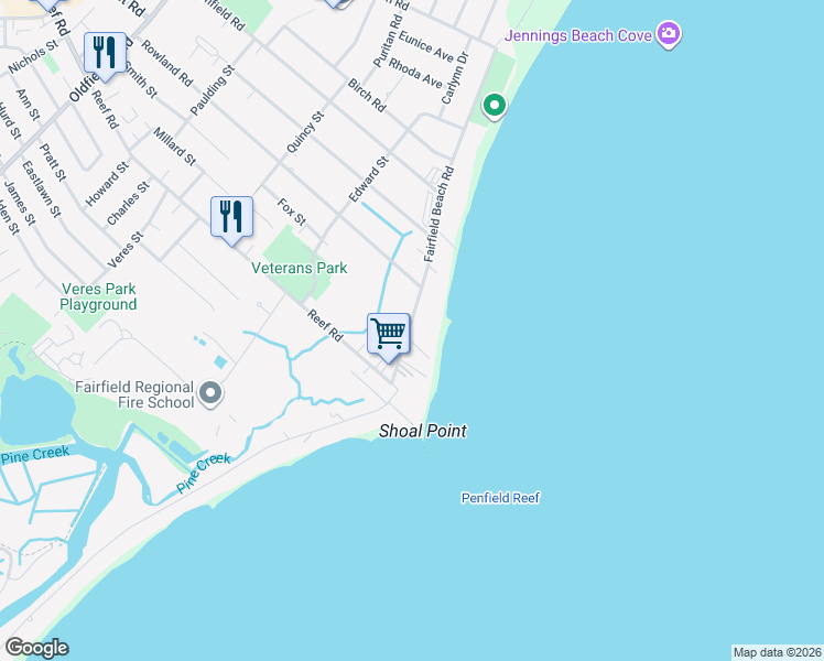 map of restaurants, bars, coffee shops, grocery stores, and more near 610 Fairfield Beach Road in Fairfield