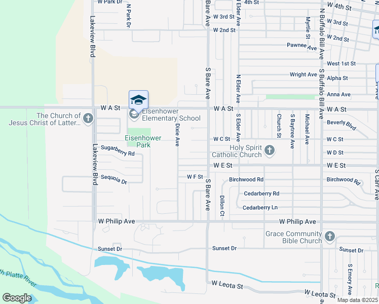 map of restaurants, bars, coffee shops, grocery stores, and more near 3409 Bush Court in North Platte