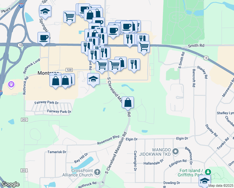 map of restaurants, bars, coffee shops, grocery stores, and more near 185 South Cleveland Massillon Road in Fairlawn