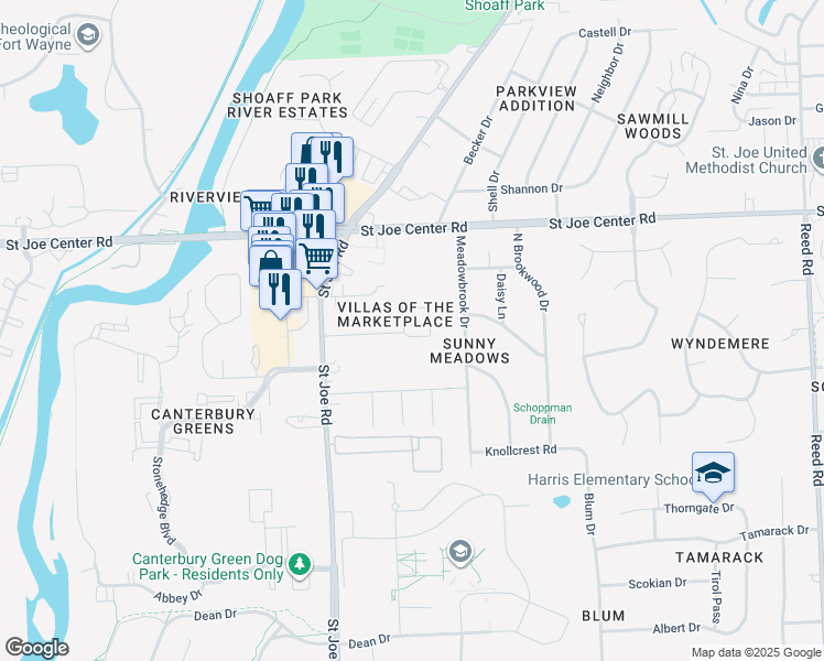 map of restaurants, bars, coffee shops, grocery stores, and more near 3509 Kendale Drive in Fort Wayne