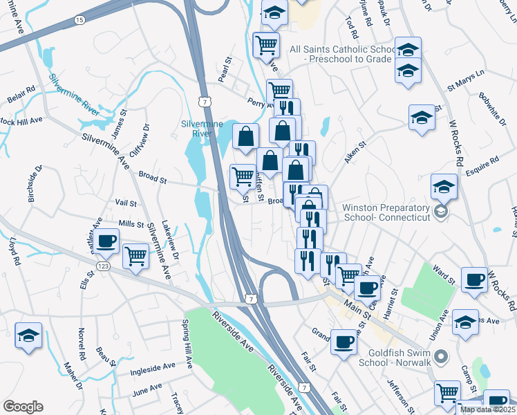 map of restaurants, bars, coffee shops, grocery stores, and more near 3 Sniffen Street in Norwalk