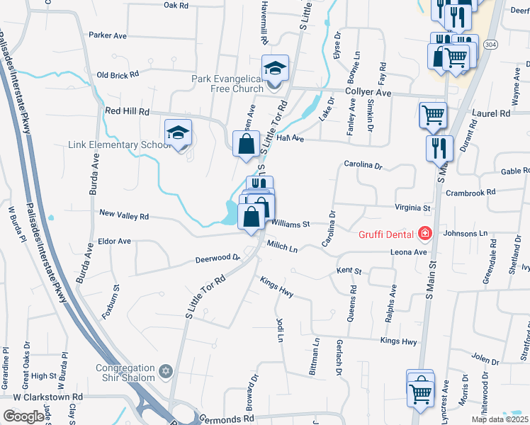 map of restaurants, bars, coffee shops, grocery stores, and more near 265 South Little Tor Road in New City