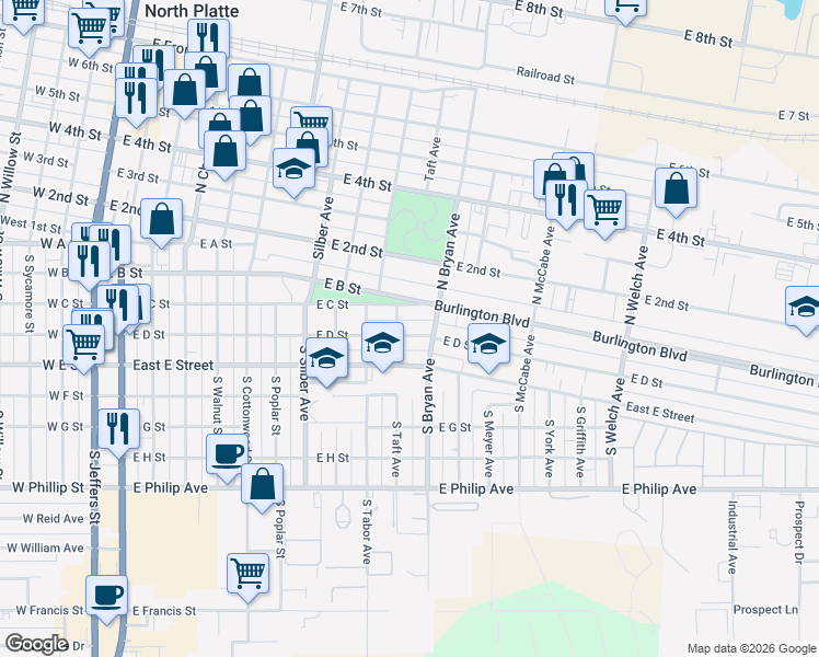 map of restaurants, bars, coffee shops, grocery stores, and more near 301-349 S Taft Ave in North Platte