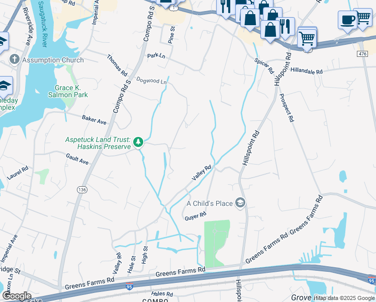 map of restaurants, bars, coffee shops, grocery stores, and more near 29 Dogwood Lane in Westport