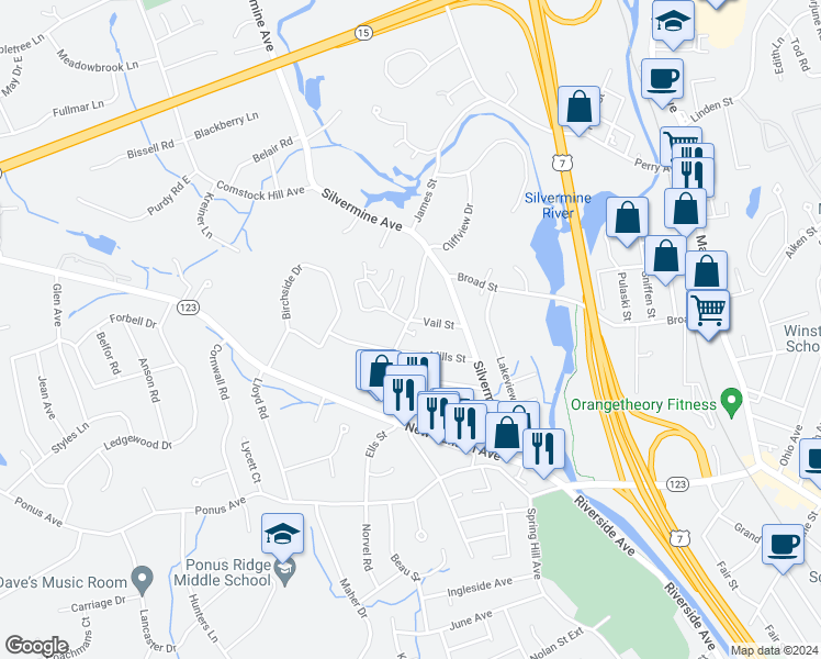 map of restaurants, bars, coffee shops, grocery stores, and more near 45 Bartlett Avenue in Norwalk