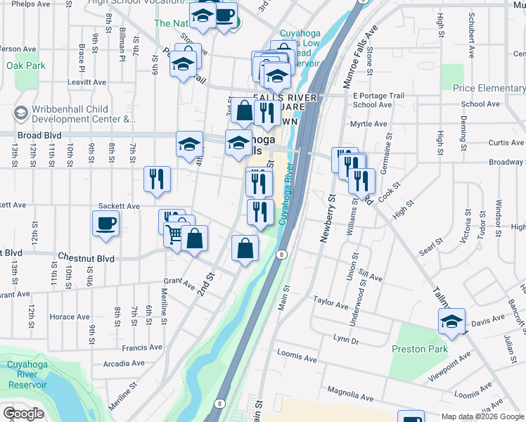 map of restaurants, bars, coffee shops, grocery stores, and more near 1857 2nd Street in Cuyahoga Falls