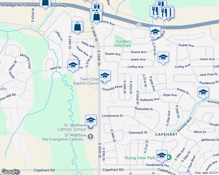 map of restaurants, bars, coffee shops, grocery stores, and more near 11825 South 36th Street in Bellevue
