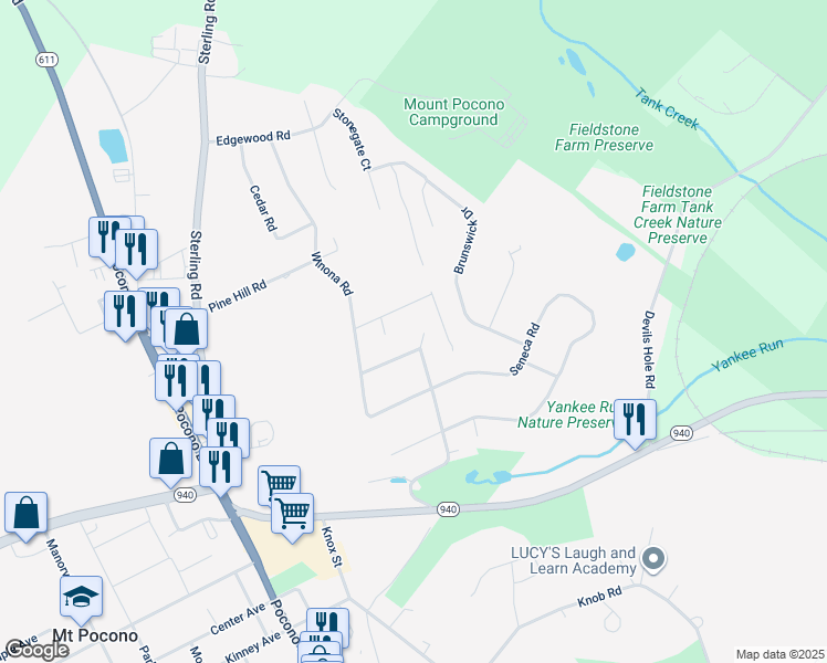 map of restaurants, bars, coffee shops, grocery stores, and more near 107 Crestwood Drive in Mount Pocono