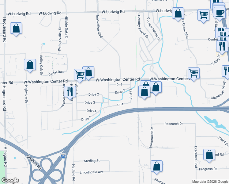 map of restaurants, bars, coffee shops, grocery stores, and more near 2737 West Washington Center Road in Fort Wayne
