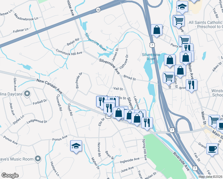 map of restaurants, bars, coffee shops, grocery stores, and more near 45 Bartlett Avenue in Norwalk