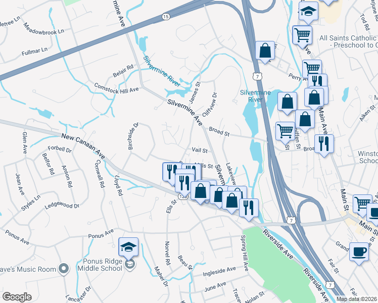 map of restaurants, bars, coffee shops, grocery stores, and more near 45 Bartlett Avenue in Norwalk