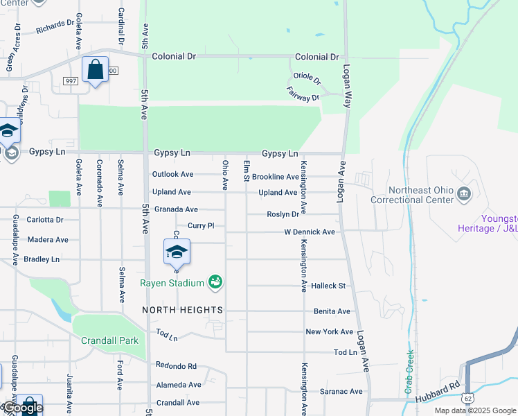 map of restaurants, bars, coffee shops, grocery stores, and more near 171 Upland Avenue in Youngstown