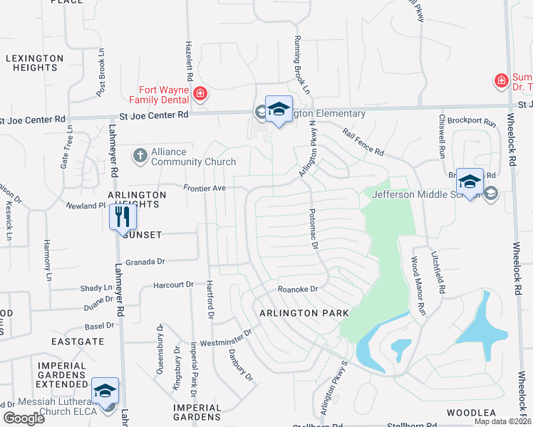 map of restaurants, bars, coffee shops, grocery stores, and more near 8121 Tewksbury Court in Fort Wayne