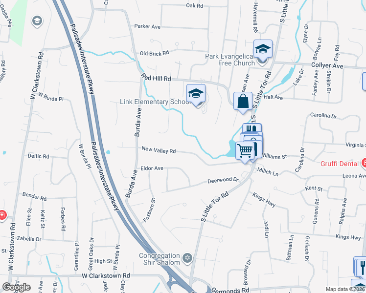 map of restaurants, bars, coffee shops, grocery stores, and more near 76 New Valley Road in New City