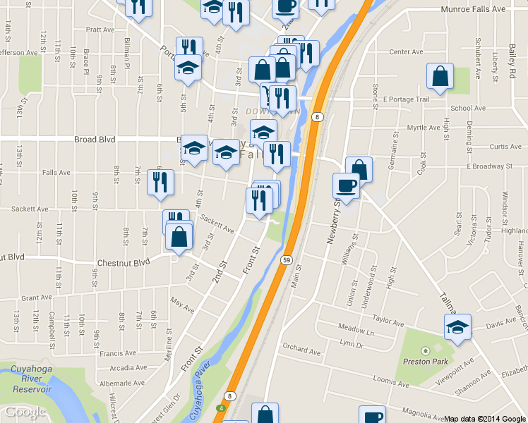 map of restaurants, bars, coffee shops, grocery stores, and more near 1857 2nd Street in Cuyahoga Falls