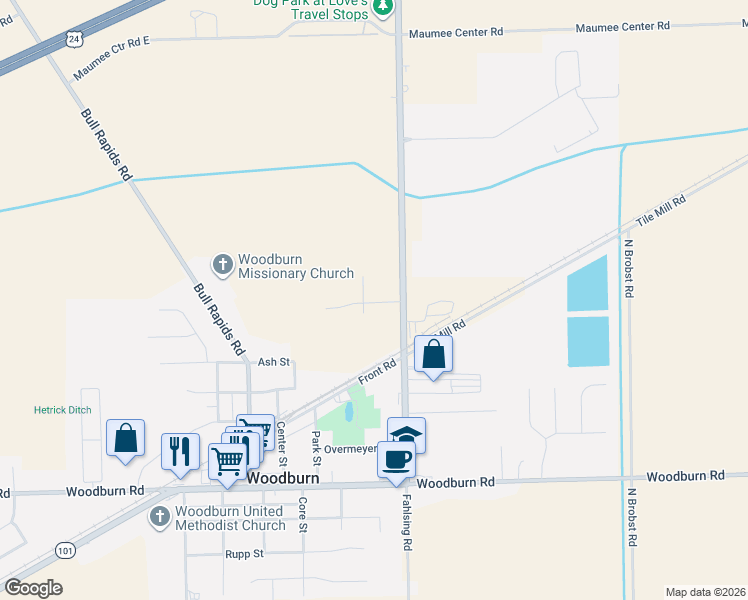 map of restaurants, bars, coffee shops, grocery stores, and more near 5022 Indiana 101 in Woodburn