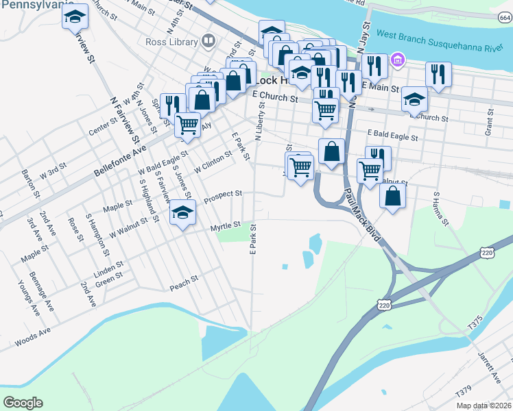 map of restaurants, bars, coffee shops, grocery stores, and more near 360 East Park Street in Lock Haven