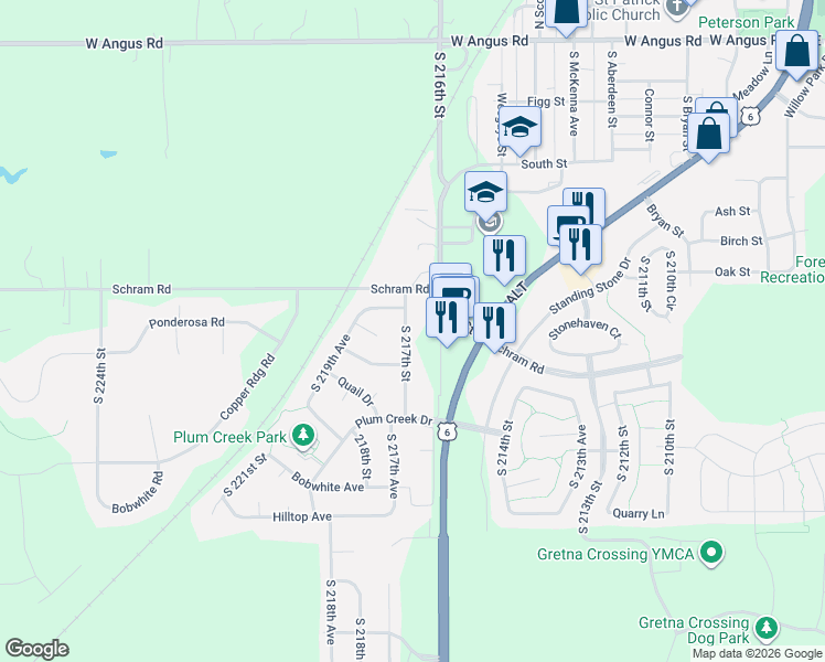 map of restaurants, bars, coffee shops, grocery stores, and more near 21725 Laura Street in Gretna